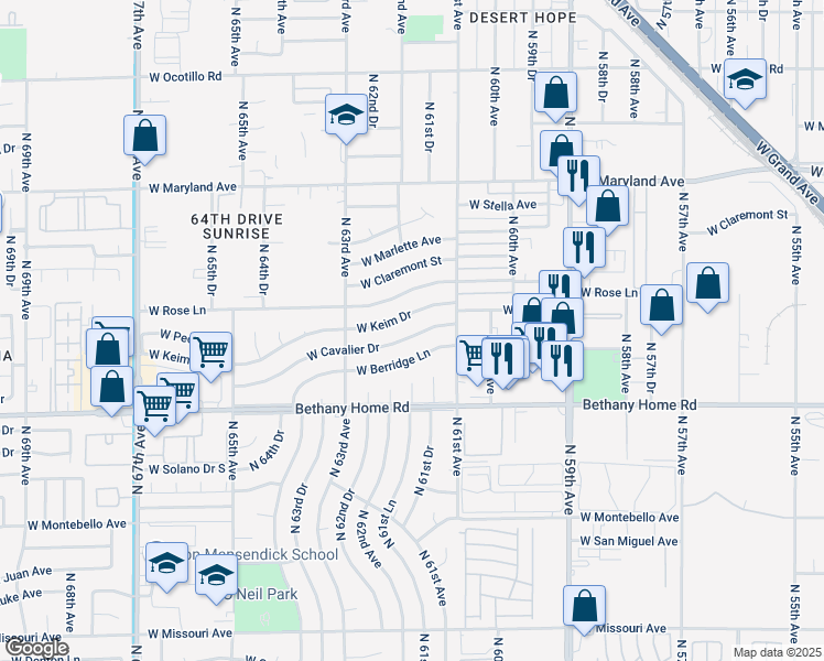 map of restaurants, bars, coffee shops, grocery stores, and more near 6140 West Cavalier Drive in Glendale