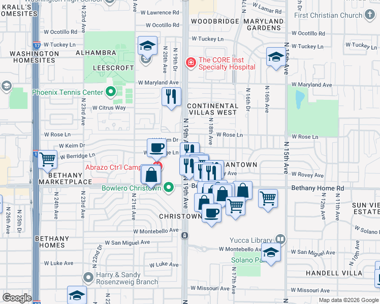 map of restaurants, bars, coffee shops, grocery stores, and more near 6131 North 19th Avenue in Phoenix