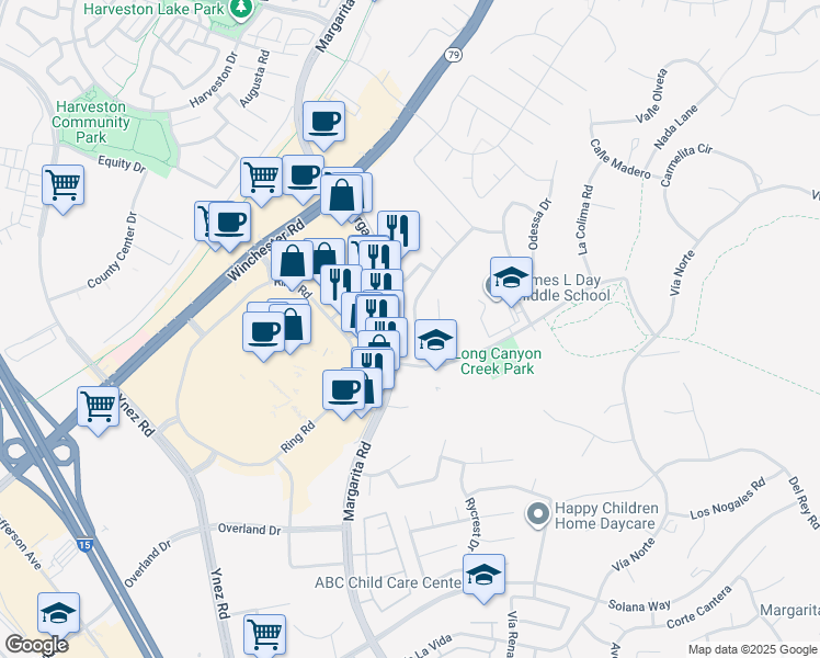 map of restaurants, bars, coffee shops, grocery stores, and more near 40549 Chantemar Way in Temecula