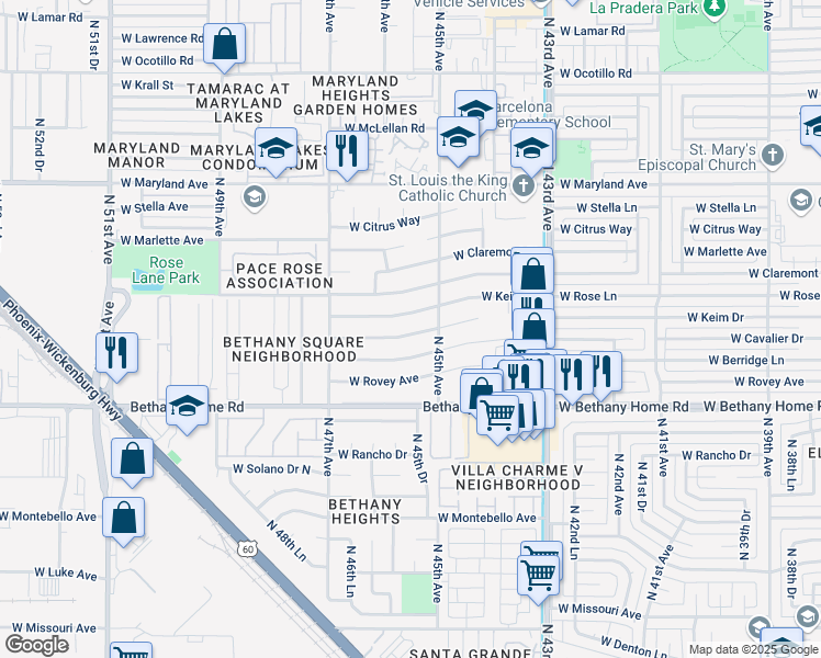 map of restaurants, bars, coffee shops, grocery stores, and more near 4510 West Cavalier Drive in Glendale