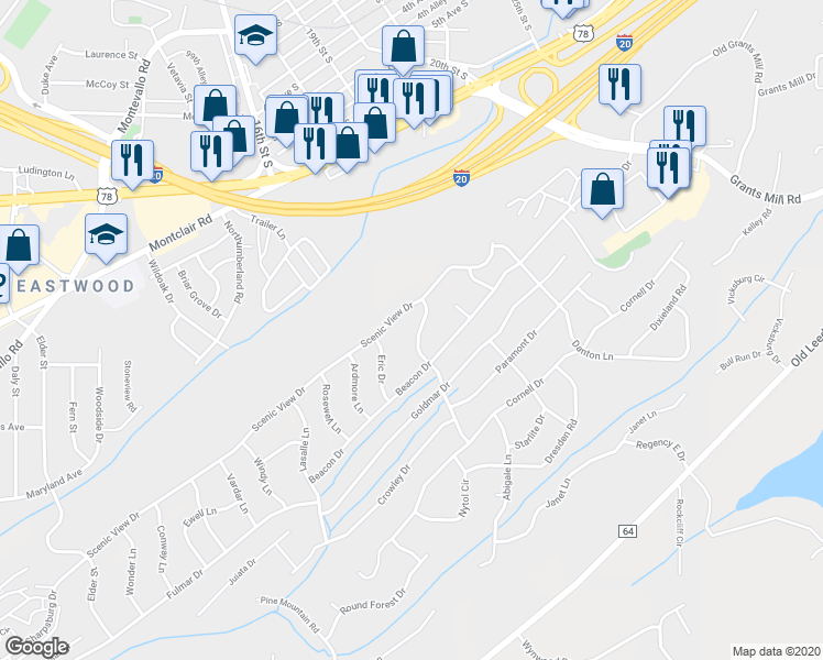 map of restaurants, bars, coffee shops, grocery stores, and more near 512 Bonnie Bell Lane in Irondale