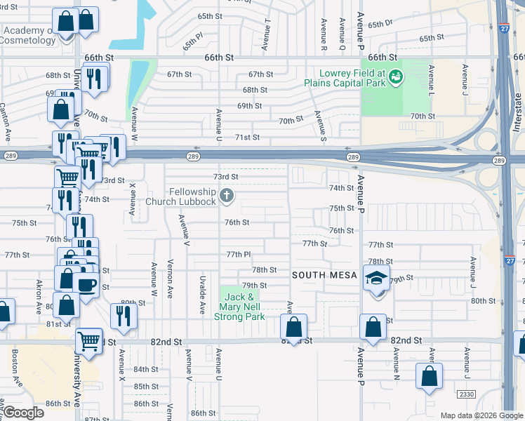 map of restaurants, bars, coffee shops, grocery stores, and more near 1915 75th Street in Lubbock
