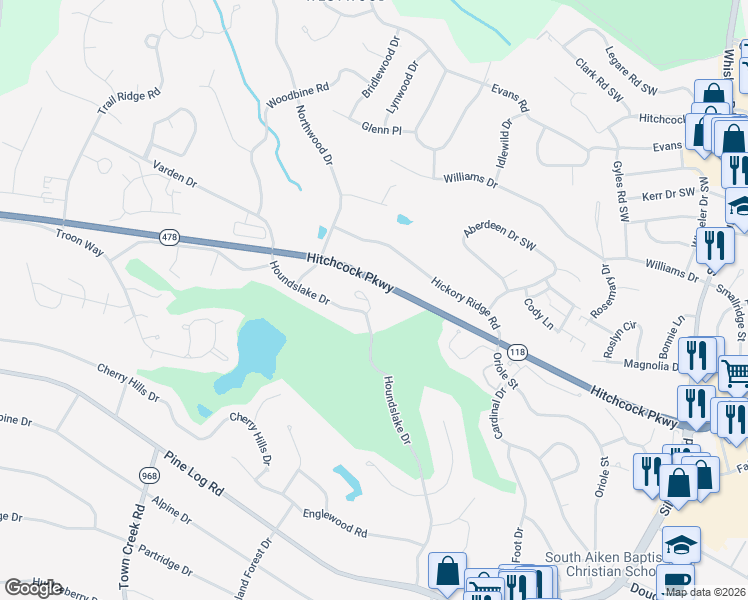 map of restaurants, bars, coffee shops, grocery stores, and more near 10 Bungalow Village Way in Aiken