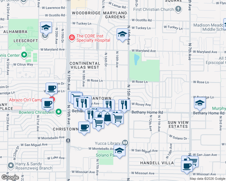 map of restaurants, bars, coffee shops, grocery stores, and more near 1603 West Keim Drive in Phoenix