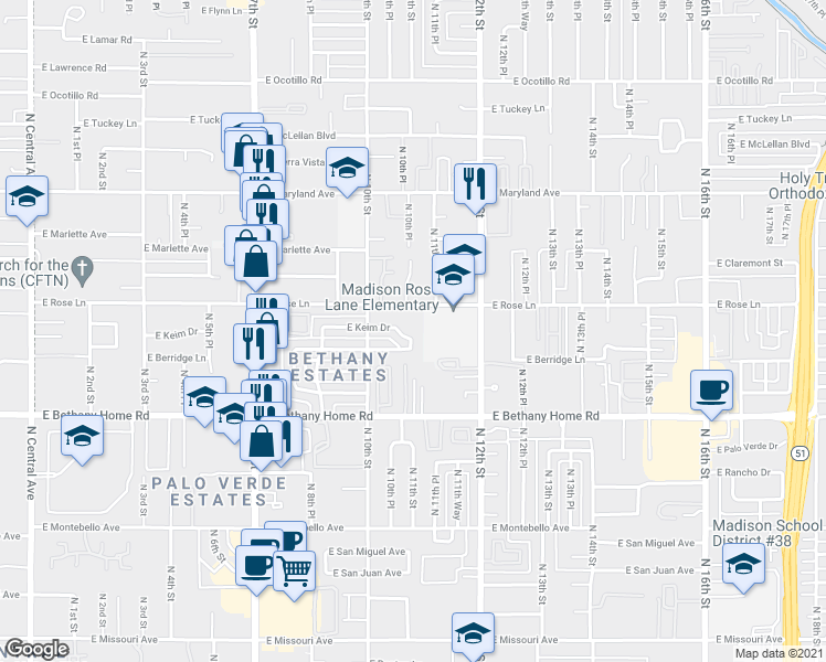 map of restaurants, bars, coffee shops, grocery stores, and more near 1030 East Keim Drive in Phoenix
