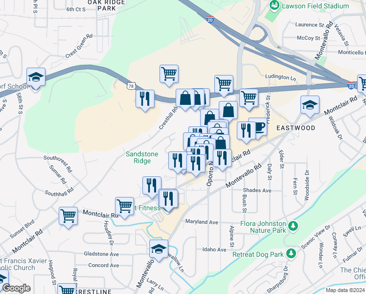 map of restaurants, bars, coffee shops, grocery stores, and more near 1560 Cooper Hill Road in Irondale