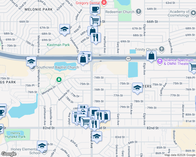 map of restaurants, bars, coffee shops, grocery stores, and more near 3303 74th Street in Lubbock