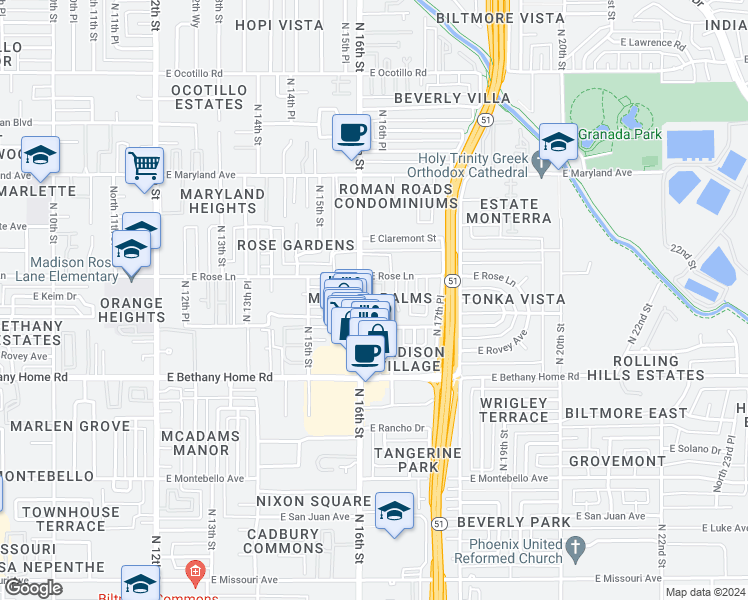 map of restaurants, bars, coffee shops, grocery stores, and more near 6131 North 16th Street in Phoenix