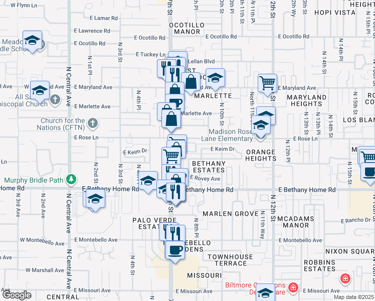 map of restaurants, bars, coffee shops, grocery stores, and more near 815 East Rose Lane in Phoenix
