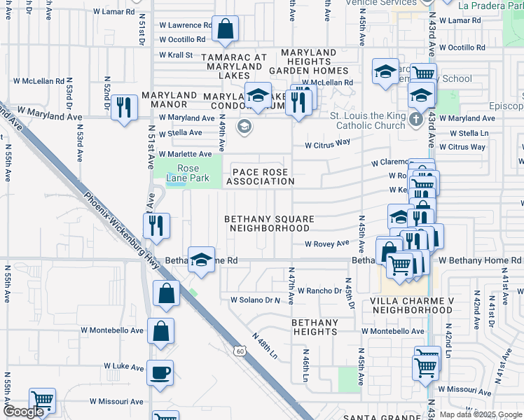 map of restaurants, bars, coffee shops, grocery stores, and more near 6203 North 48th Avenue in Glendale