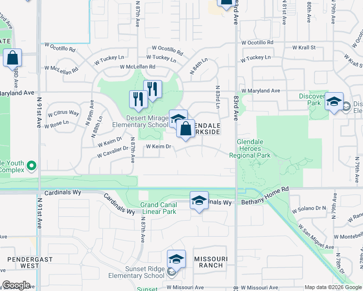 map of restaurants, bars, coffee shops, grocery stores, and more near 8482 West Berridge Lane in Glendale