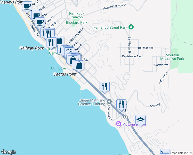 map of restaurants, bars, coffee shops, grocery stores, and more near 2260 Glenneyre Street in Laguna Beach