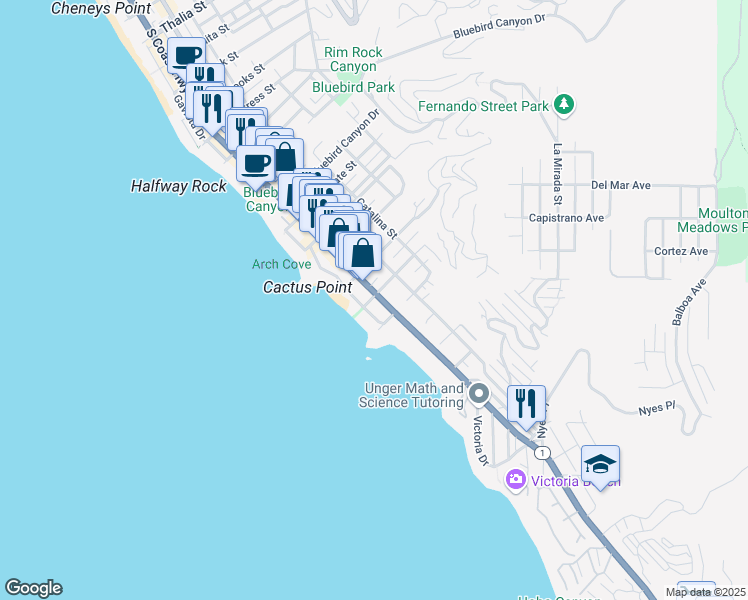 map of restaurants, bars, coffee shops, grocery stores, and more near 2090 Ocean Way in Laguna Beach
