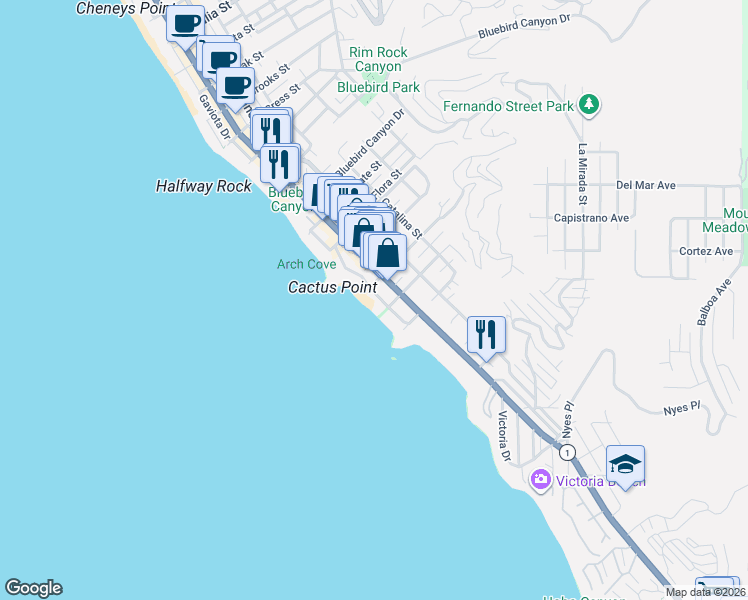 map of restaurants, bars, coffee shops, grocery stores, and more near 2090 Ocean Way in Laguna Beach