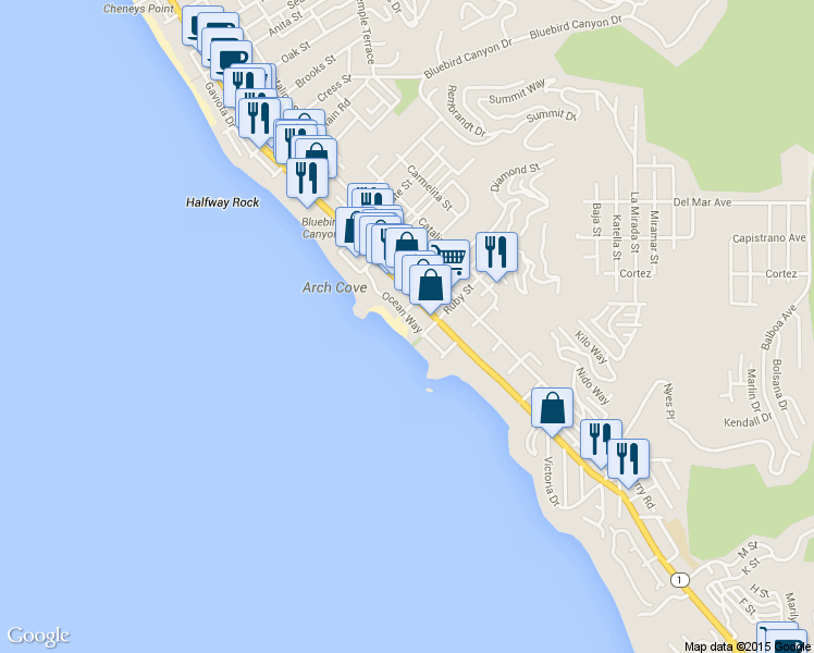 map of restaurants, bars, coffee shops, grocery stores, and more near 2090 Ocean Way in Laguna Beach