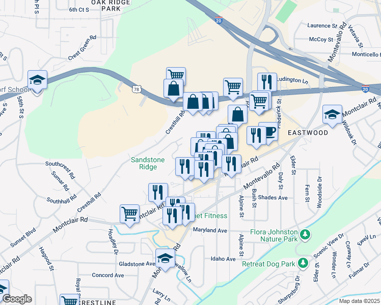 map of restaurants, bars, coffee shops, grocery stores, and more near 1560 Cooper Hill Road in Irondale