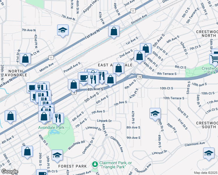 map of restaurants, bars, coffee shops, grocery stores, and more near in Birmingham