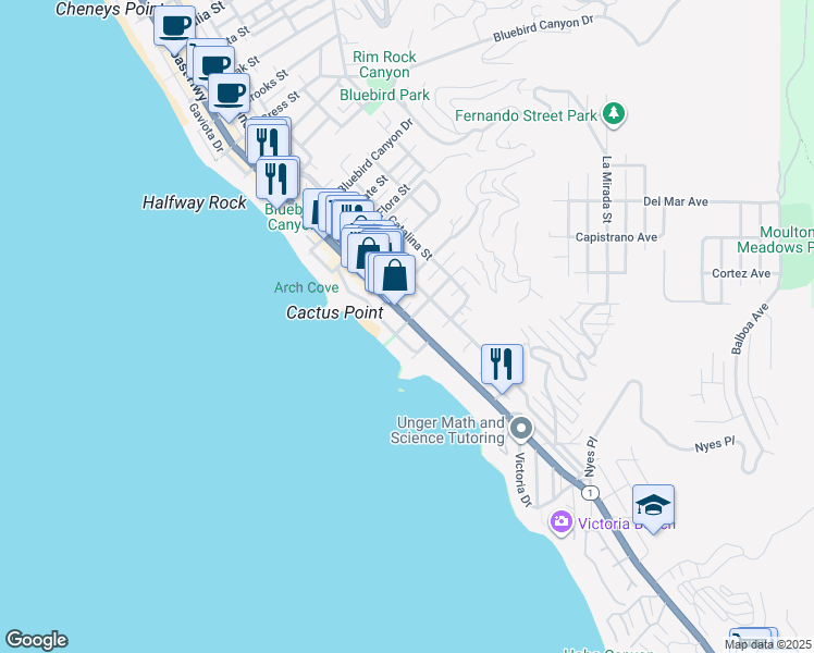 map of restaurants, bars, coffee shops, grocery stores, and more near 2090 Ocean Way in Laguna Beach
