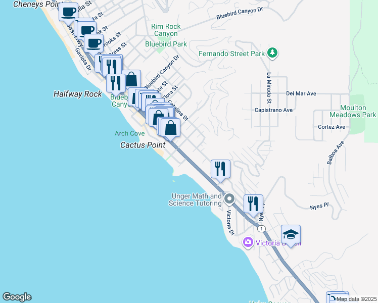 map of restaurants, bars, coffee shops, grocery stores, and more near 240 Moss Street in Laguna Beach