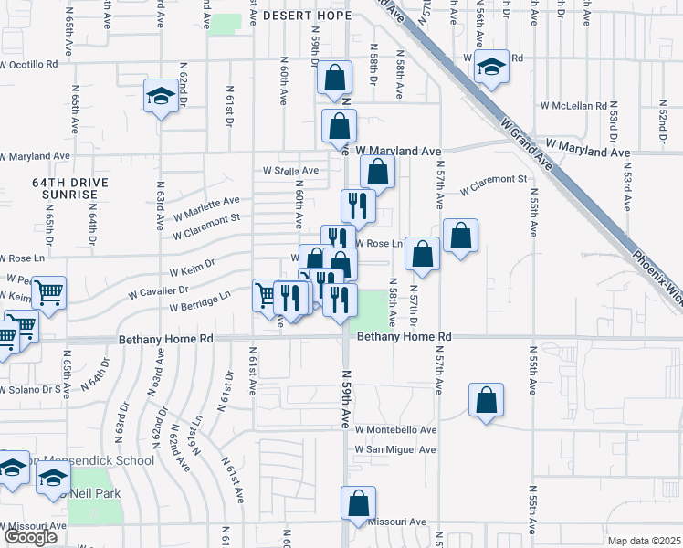 map of restaurants, bars, coffee shops, grocery stores, and more near 6118 North 59th Avenue in Glendale