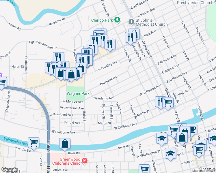 map of restaurants, bars, coffee shops, grocery stores, and more near 600 West Monroe Avenue in Greenwood