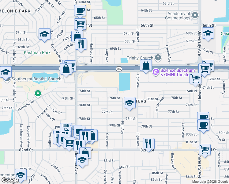 map of restaurants, bars, coffee shops, grocery stores, and more near 3101-3127 74th Street in Lubbock