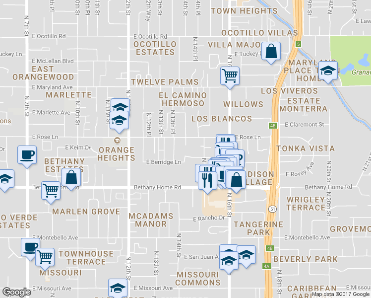 map of restaurants, bars, coffee shops, grocery stores, and more near 6114 N 14th St in Phoenix