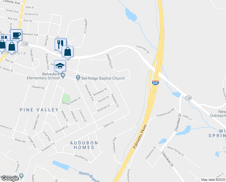map of restaurants, bars, coffee shops, grocery stores, and more near 406 Audubon Circle in North Augusta