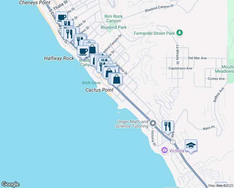 map of restaurants, bars, coffee shops, grocery stores, and more near 2090 Ocean Way in Laguna Beach