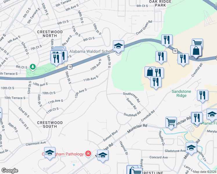 map of restaurants, bars, coffee shops, grocery stores, and more near 1217 58th Street South in Birmingham