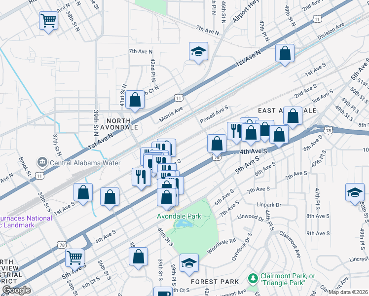 map of restaurants, bars, coffee shops, grocery stores, and more near 4237 1st Avenue South in Birmingham