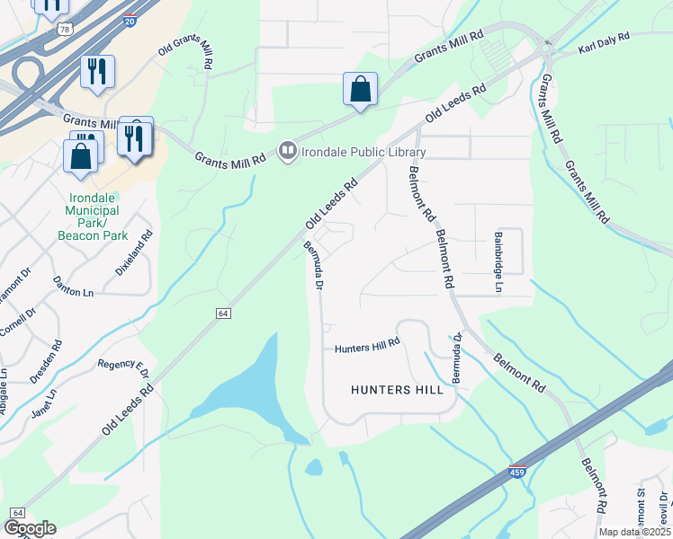 map of restaurants, bars, coffee shops, grocery stores, and more near 3513 Bermuda Drive in Irondale