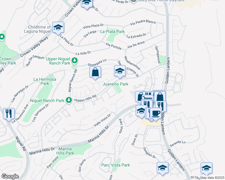 map of restaurants, bars, coffee shops, grocery stores, and more near 25032 Hidden Hills Road in Laguna Niguel