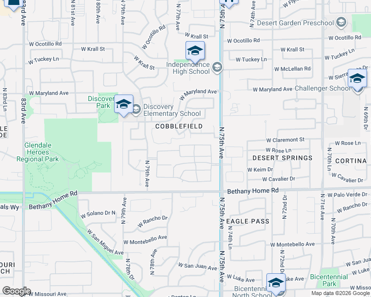 map of restaurants, bars, coffee shops, grocery stores, and more near 7627 West Peck Drive in Glendale