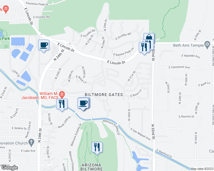 map of restaurants, bars, coffee shops, grocery stores, and more near 6201 North 30th Way in Phoenix