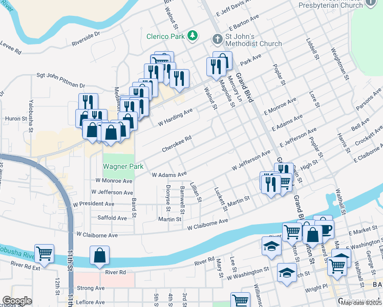 map of restaurants, bars, coffee shops, grocery stores, and more near 341 West Monroe Avenue in Greenwood