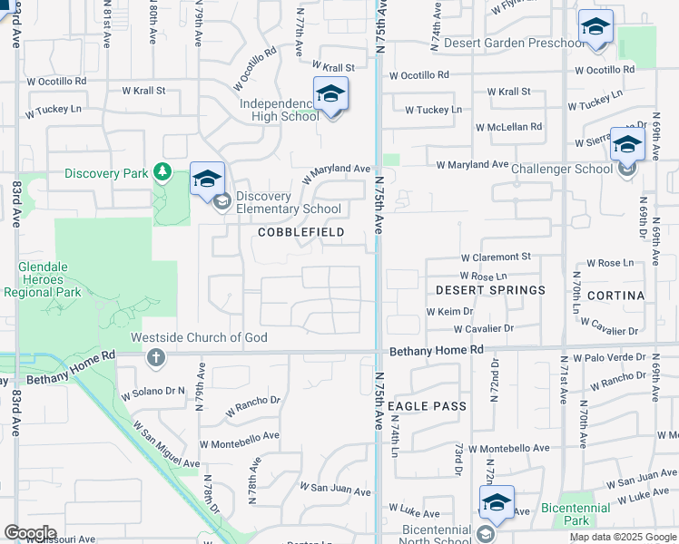 map of restaurants, bars, coffee shops, grocery stores, and more near 7575 West Peck Drive in Glendale