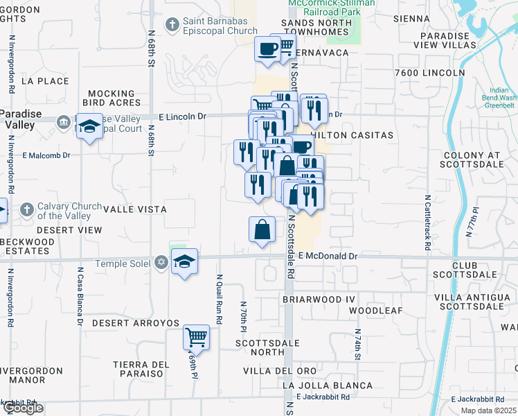 map of restaurants, bars, coffee shops, grocery stores, and more near 6114 North Scottsdale Road in Scottsdale