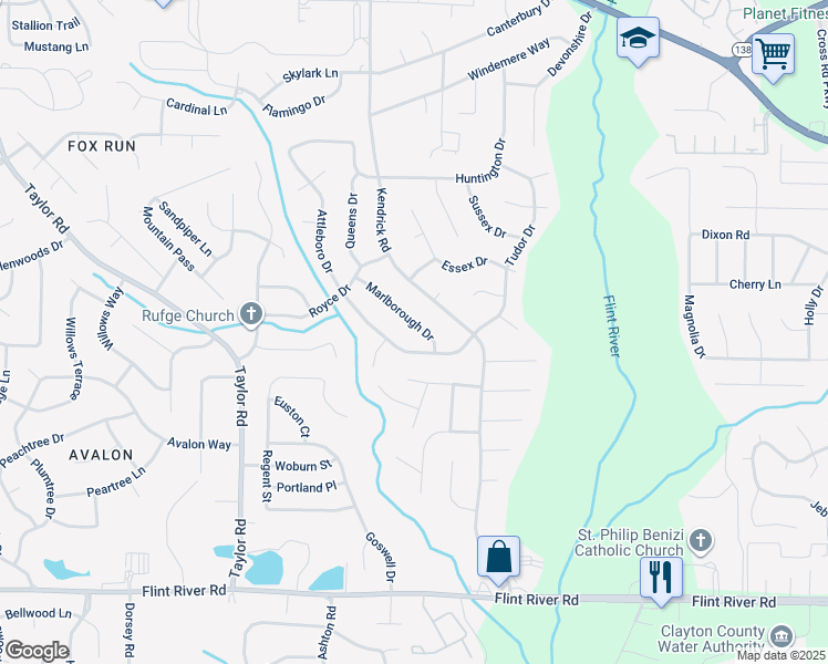 map of restaurants, bars, coffee shops, grocery stores, and more near 8347 Marlborough Drive in Jonesboro