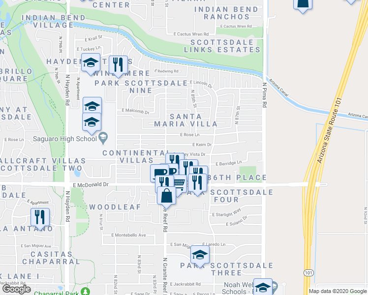 map of restaurants, bars, coffee shops, grocery stores, and more near 8437 East Keim Drive in Scottsdale