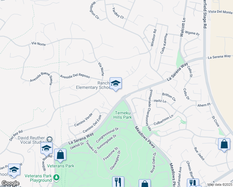 map of restaurants, bars, coffee shops, grocery stores, and more near 31530 La Serena Way in Temecula