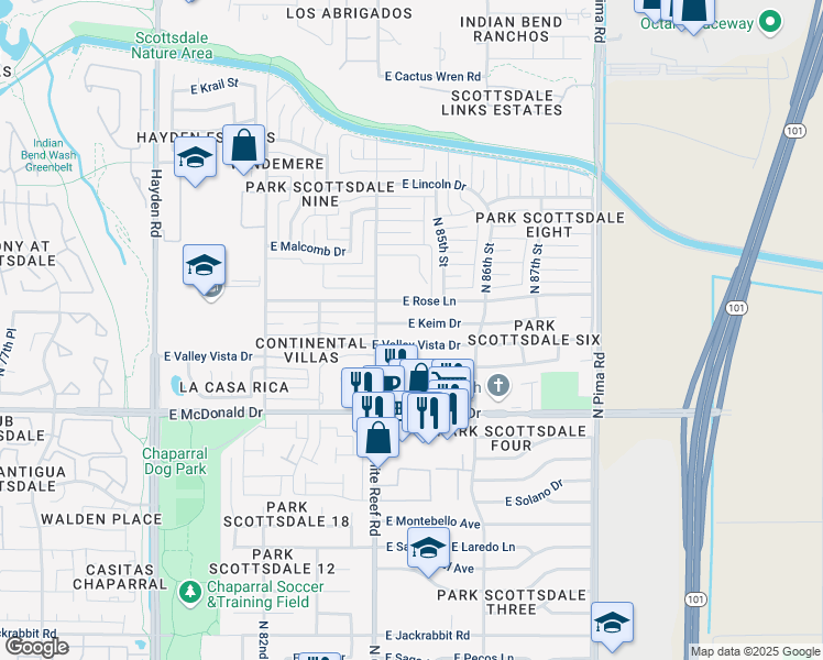 map of restaurants, bars, coffee shops, grocery stores, and more near 8437 East Keim Drive in Scottsdale
