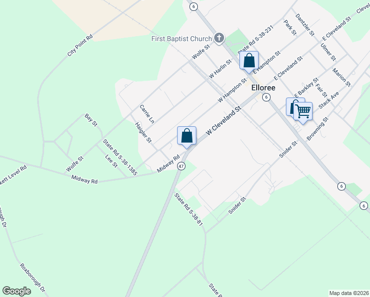 map of restaurants, bars, coffee shops, grocery stores, and more near 2918 Cleveland Street in Elloree