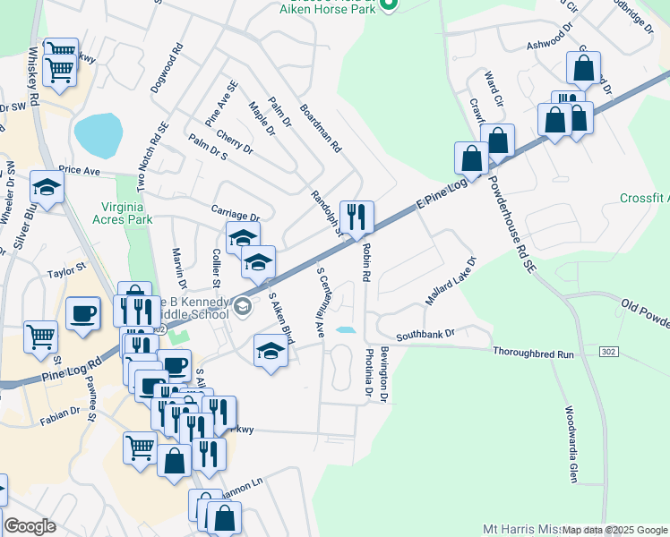 map of restaurants, bars, coffee shops, grocery stores, and more near 400 East Pine Log Road in Aiken