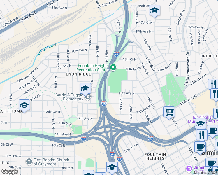 map of restaurants, bars, coffee shops, grocery stores, and more near 1315 11th St N in Birmingham