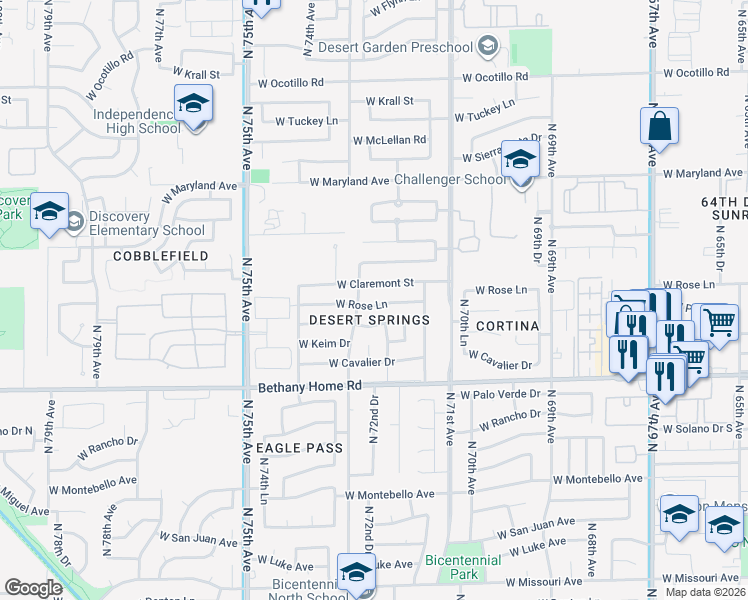 map of restaurants, bars, coffee shops, grocery stores, and more near 7228 West Rose Lane in Glendale