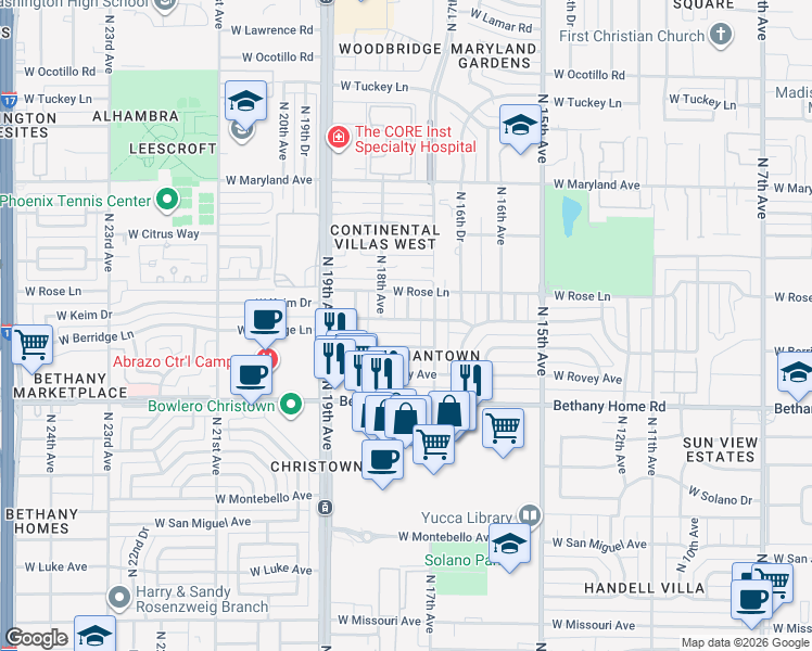 map of restaurants, bars, coffee shops, grocery stores, and more near 1727 West Keim Drive in Phoenix