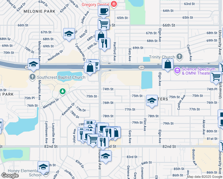 map of restaurants, bars, coffee shops, grocery stores, and more near 3303a 74th Street in Lubbock