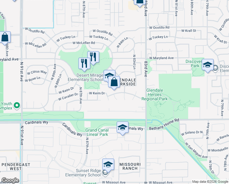 map of restaurants, bars, coffee shops, grocery stores, and more near 8482 West Berridge Lane in Glendale