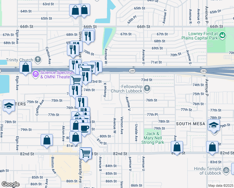 map of restaurants, bars, coffee shops, grocery stores, and more near 7501 Avenue W in Lubbock